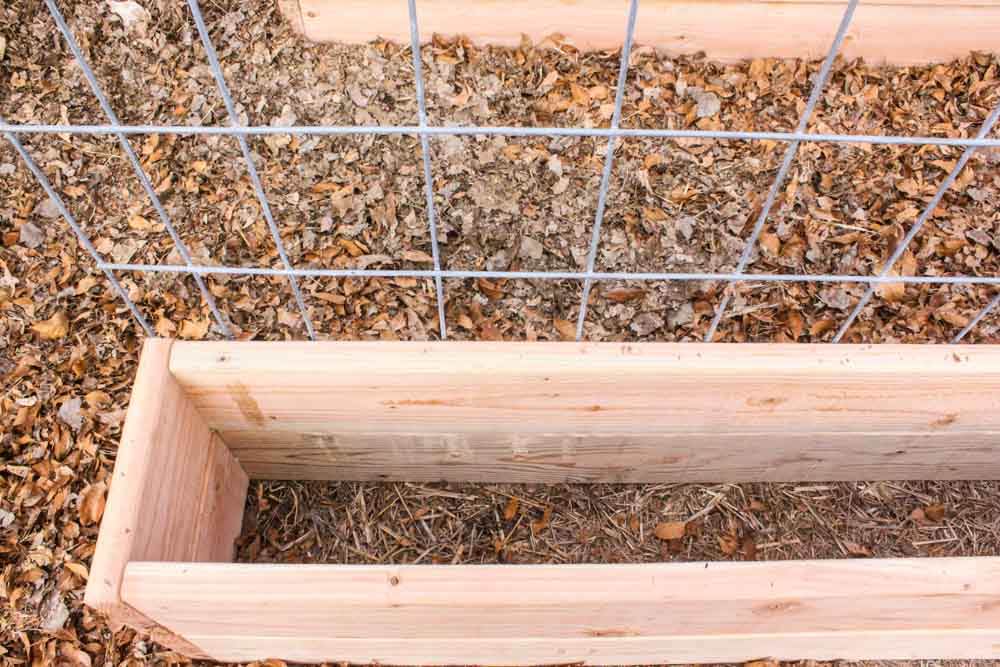 low overhead shop of a garden box by woodchips and near trellis