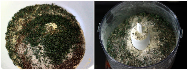 homemade Italian seasoning mix being blended in a food processor