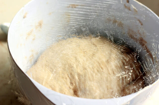 kneaded bread dough in a white bowl covered with greased plastic wrap