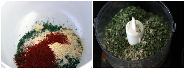 homemade ranch dressing mix being mixed in a food processor