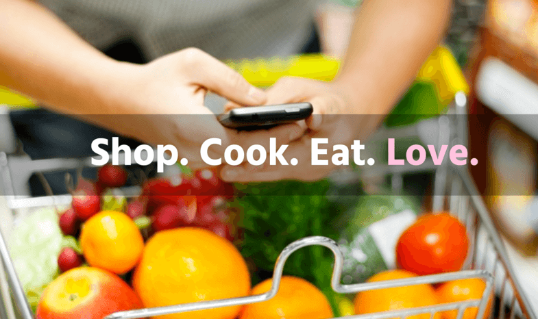 screenshot with cell phone and cart of groceries with words "Shop. Cook. Eat. Love."