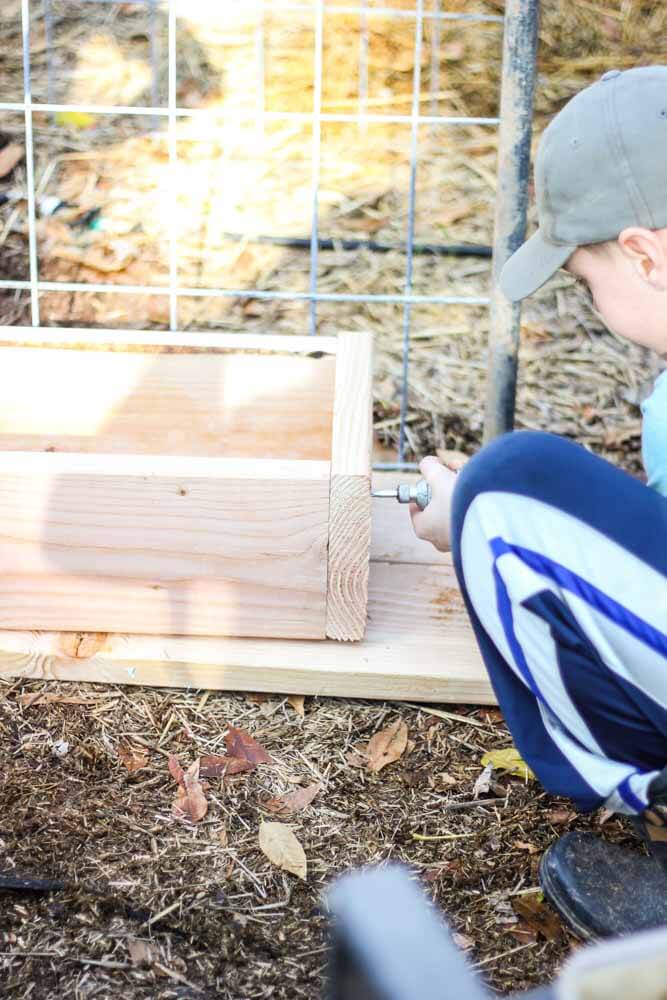 young boy assembling a garden box on hay