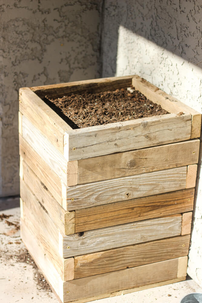 wooden box planter containing soil