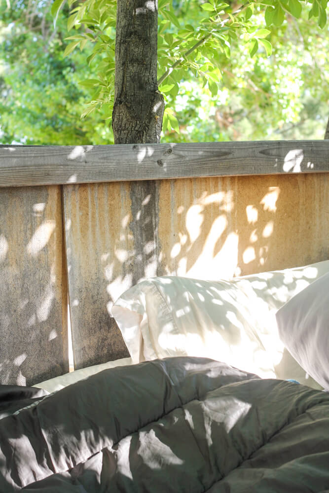 inside the sleeping space of a treehouse