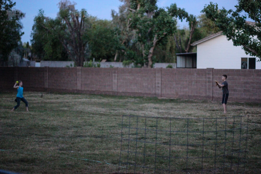 two children playing catch in a backyard at dusk