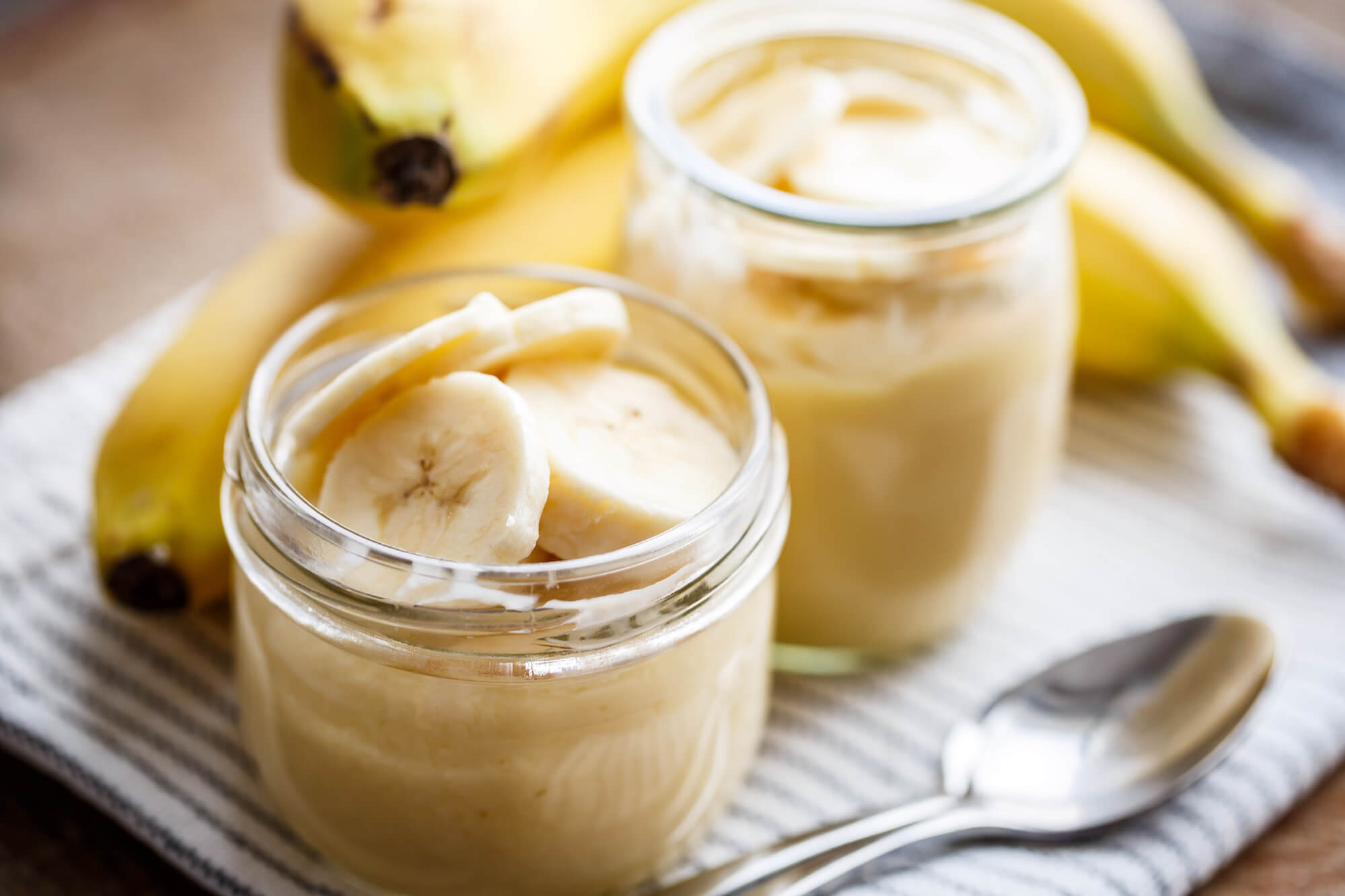 Glass jars of homemade banana pudding