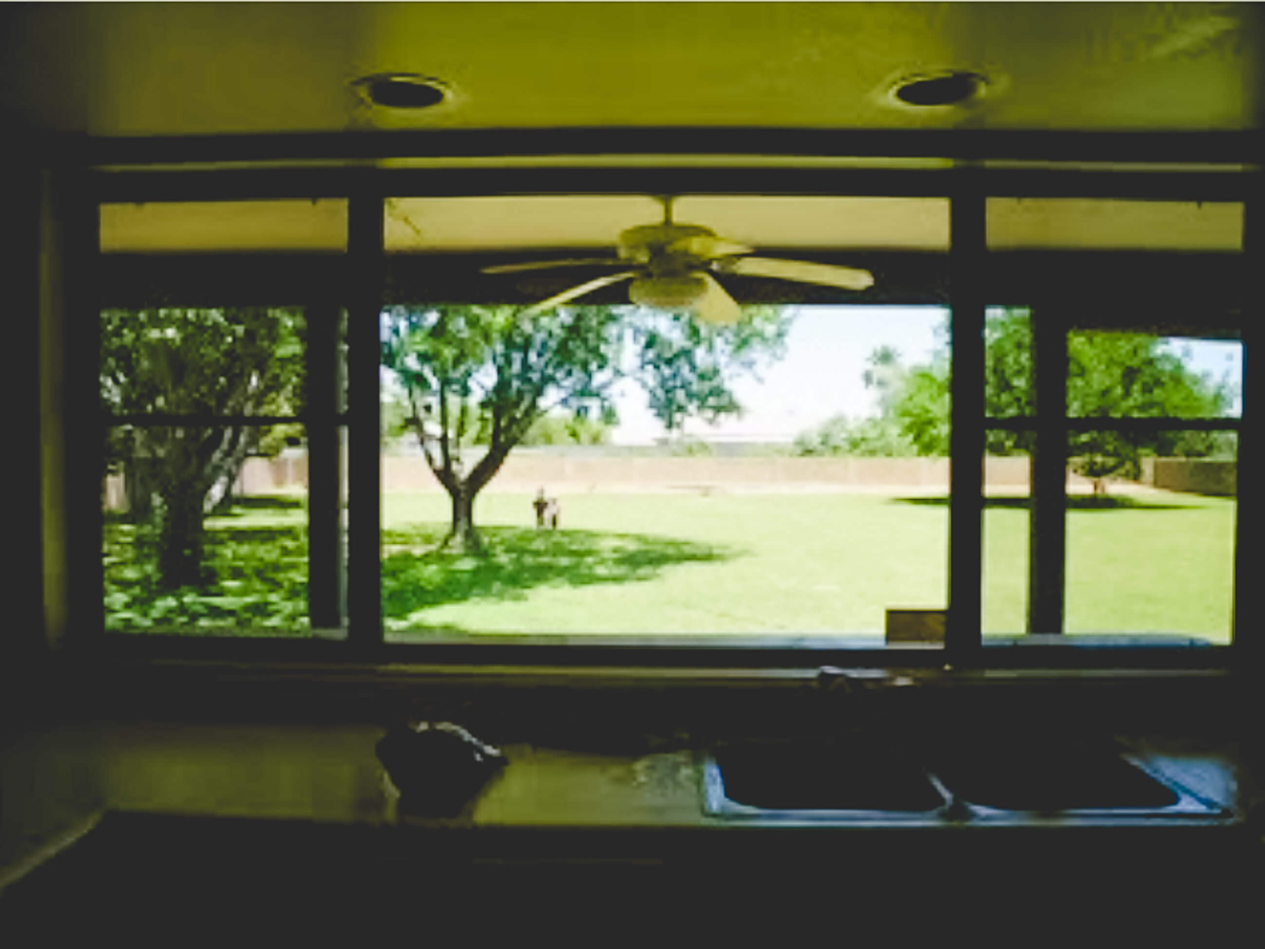 View from kitchen to large backyard